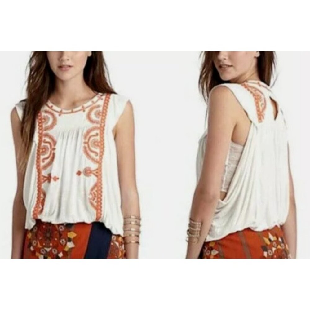 Free People Women's Dos Segundos Embroidered Cap Sleeve‎ Top Elastic Waist Sz M